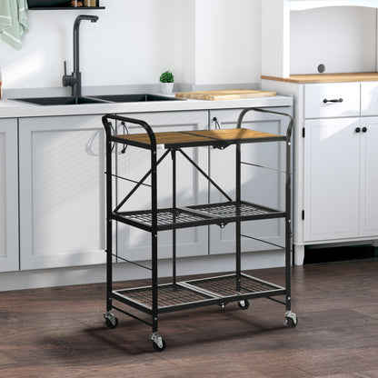 Keukentrolley – Serveerwagen – Opbergtrolley – Werktafel – Mobiele Keukenkar – Industrieel Design – 3 Ruime Planken – Inklapbaar Met 4 Draaibare Wieltjes – Bruin/Zwart