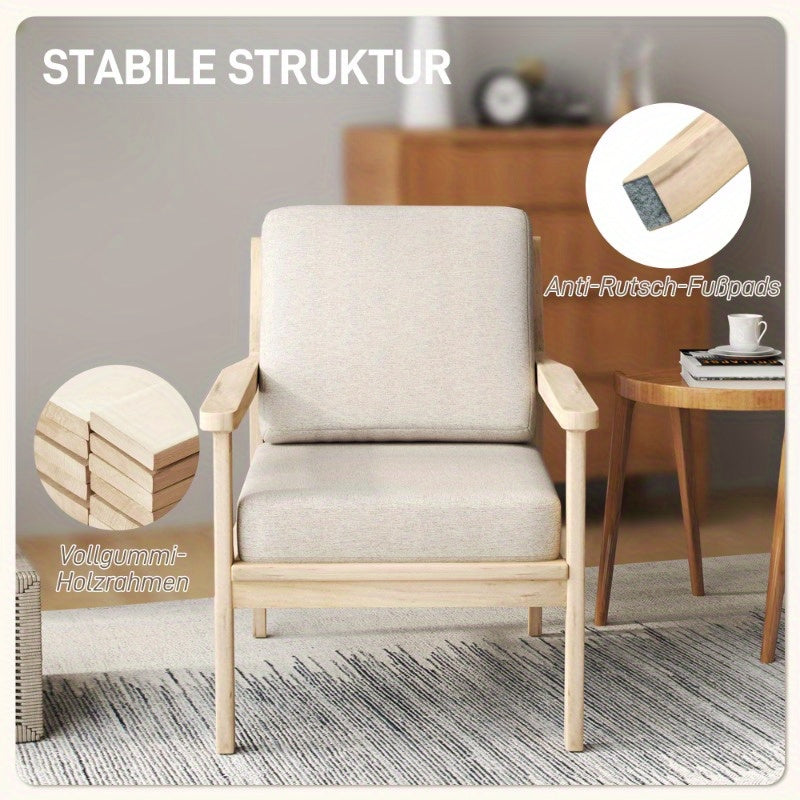 Loungestoel – Relaxfauteuil – Armstoel – Fauteuil – Sessel – Linnenlook Bekleding – Afneembaar Kussen – Houten Poten – Comfortabel Zitvlak – Beige