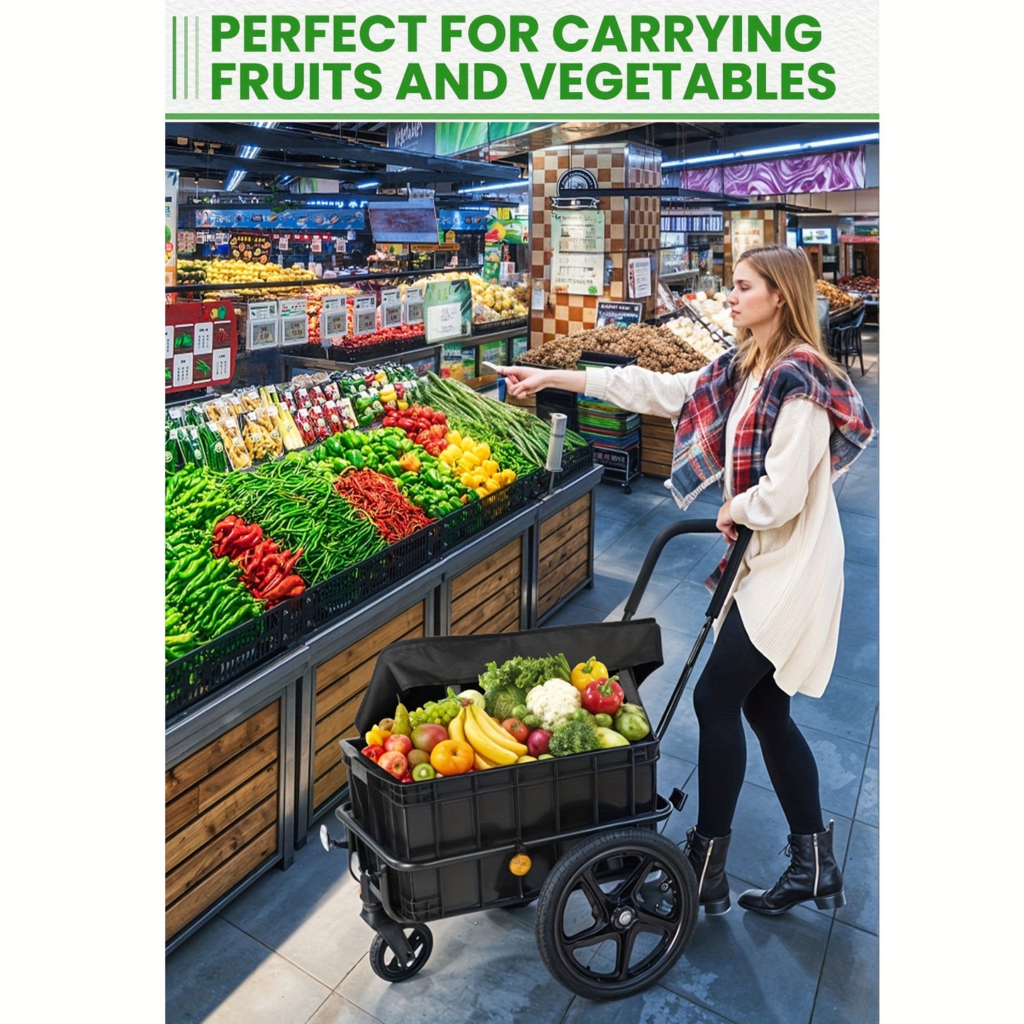 2-in-1 Fietskar – Boodschappentrolley – Handkar – Fietstrolley – Koelwagen – Zwart – Tot 40 kg Draagvermogen – Uitneembare Waterafstotende Hoes
