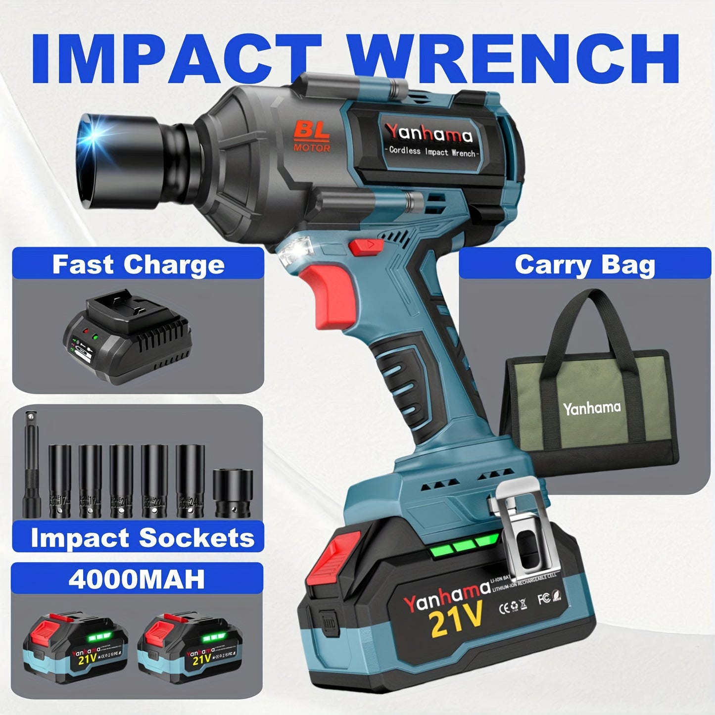 Yanhama Professional Grade Brushless Impact Wrench 1400Nm High Torque Output 21V Voltage Three Level Adjustment LED Light Auxiliary Lighting Dual Battery 2 × 4000mAh