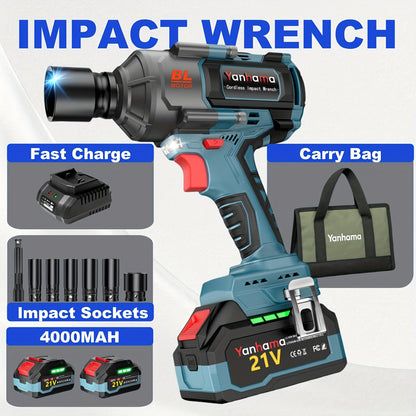 Yanhama Professional Grade Brushless Impact Wrench 1400Nm High Torque Output 21V Voltage Three Level Adjustment LED Light Auxiliary Lighting Dual Battery 2 × 4000mAh