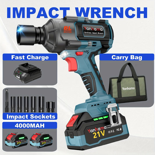 Yanhama Professional Grade Brushless Impact Wrench 1400Nm High Torque Output 21V Voltage Three Level Adjustment LED Light Auxiliary Lighting Dual Battery 2 × 4000mAh