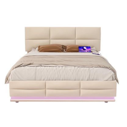 Bedframe – Bed – Bedbodem – Platformbed – Opbergbed – Beige – 140x200 cm – Hydraulisch Systeem – Zachte Huidvriendelijke Stof