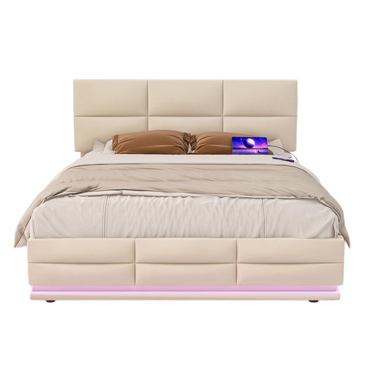 Bedframe – Bed – Bedbodem – Platformbed – Opbergbed – Beige – 140x200 cm – Hydraulisch Systeem – Zachte Huidvriendelijke Stof