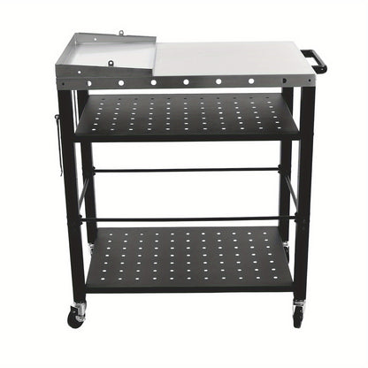 BBQ Trolley – Barbecuewagen – Grillwagen – Buitenkeuken – Campingwagen – 4 Tiers Opbergruimte – RVS Met Universele Wielen Zwart