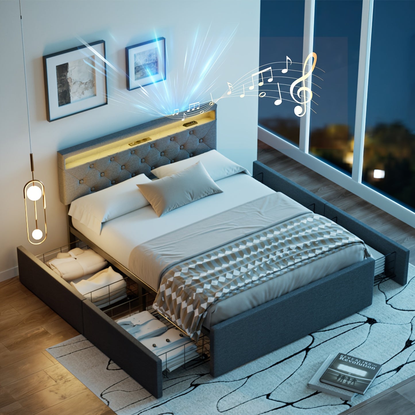 Tweepersoonsbed – Bed Met Opbergruimte – Gestoffeerd Bed – Bedframe – Opbergbed – Multifunctioneel Gestoffeerd Bed – 137×190 cm – LED Sfeerlicht & Ingebouwde Speakers