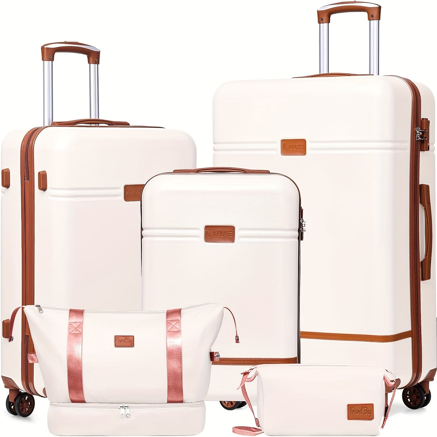 Harde Koffer – Reiskoffer – Bagage Set – Trolley – Spinner – ABS Hard Shell – Stillopende Universele Wielen – 20, 24, 28 Inch – Combinatieslot – Wit/Bruin