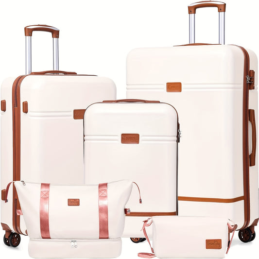 Harde Koffer – Reiskoffer – Bagage Set – Trolley – Spinner – ABS Hard Shell – Stillopende Universele Wielen – 20, 24, 28 Inch – Combinatieslot – Wit/Bruin