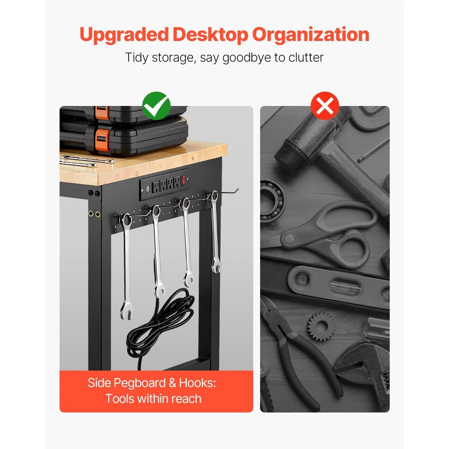 Werkbank – Werktafel – Werkbank Op Wielen – In Hoogte Verstelbaar – Klusbank – Massief Eiken Hout Werkblad – Ingebouwd Stopcontact Met USB-poorten