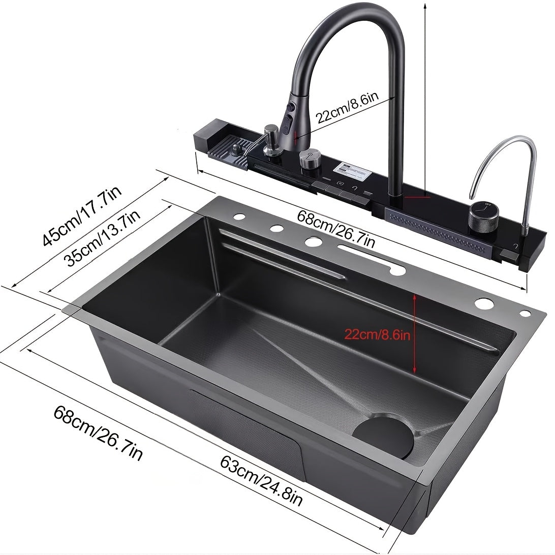 RVS Waterfall Spoelbak – Keukenspoelbak – Enkele Bak – Onderbouw Spoelbak – Camper Spoelbak – Gunmetal Grijs – Uittrekbare Kraan – Complete Accessoireset