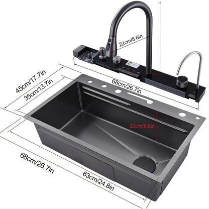 RVS Waterfall Spoelbak – Keukenspoelbak – Enkele Bak – Onderbouw Spoelbak – Camper Spoelbak – Gunmetal Grijs – Uittrekbare Kraan – Complete Accessoireset