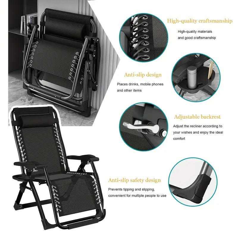 Foldable Lounge Chair, Reclining Sun Lounger For Garden With Headrest, Garden Lounge Chair With Drink Holder, Sun Chair, Weight Capacity 200 Kg, Foldable Garden Lounge Chair For Garden, Beach, Pool, And Balcony
