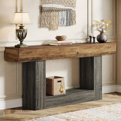 Extra Lang Farmhouse Sidetable – Console Tafel – Haltafel – Sofa Tafel – Foyer Tafel – Vintage Bruin & Grijs – Twee Tier Opbergplank – Stevige U-Vormige Basis