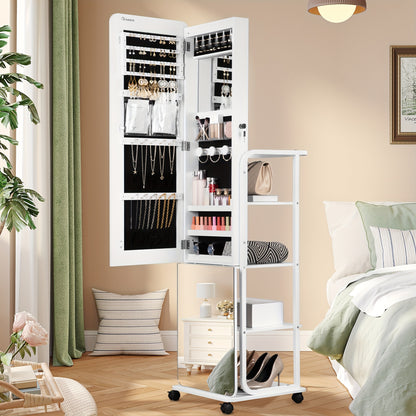 Sieradendoos – Juwelendoos – Sieradenhouder – Organizer – Opbergkast – Met 360° Draaibare Spiegel – Ingebouwde Make-up Spiegel met LED – Slot en Wieltjes – Extra Groot Formaat – MDF Wit