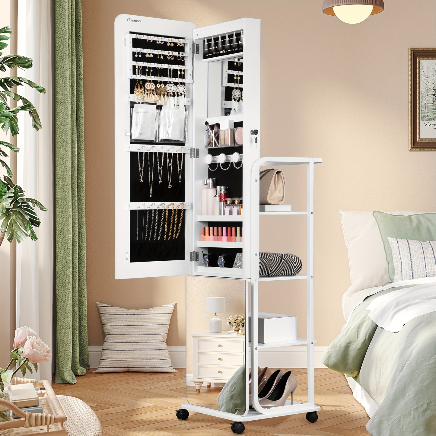 Sieradencollectiekast – Sieradenkast – Spiegelkast – Juwelenkast – Hangkast – Extra brede spiegel – Veilig slot – 4-laags opbergruimte – Mobiel met 4 wielen – Wit MDF met fluwelen voering