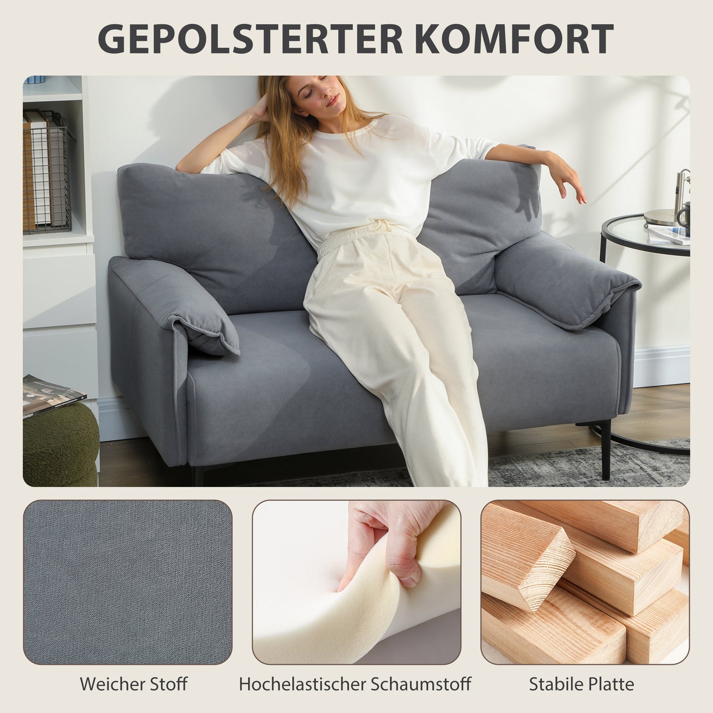2-Zits Bank – Tweezitsbank – Loveseat – Sofa – Zithoek – Grijs – Fluwelen Bekleding – Extra Dikke Kussens
