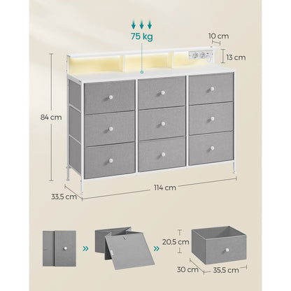 Ladekast – Ladenkast – Opbergkast – Dressoir – Commode – 9 Lades & LED-verlichting – Stabiel Staalframe 33,5x114x84 cm – Duifgrijs met Stopcontacten en USB-poorten