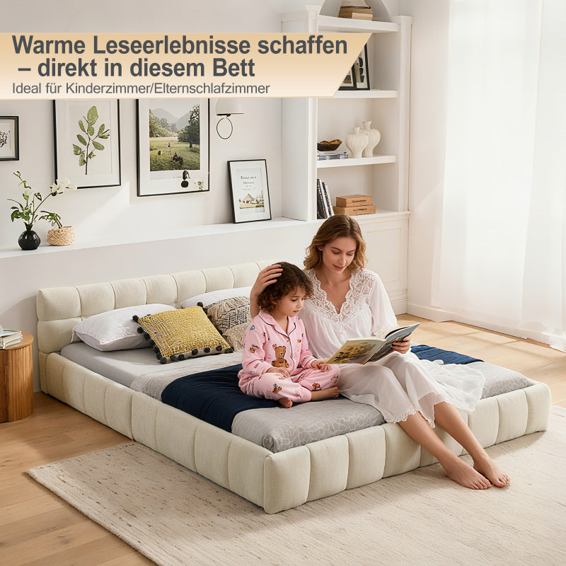 Tweepersoonsbed – 2-Persoonsbed – Bed – Slaapbed – Ledikant – Chenille Bekleding – 160x200 cm – Eucalyptus Houten Frame – Stabiel Metalen Onderstel – Beige – Modern Rustiek Design