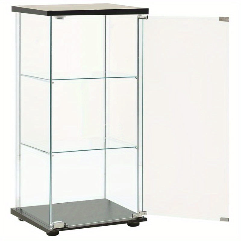 Modern Black Display Cabinet with Tempered Glass Panels - 3 Spacious Shelves for Office, Library, or Showroom Storage, Office Wall Decor