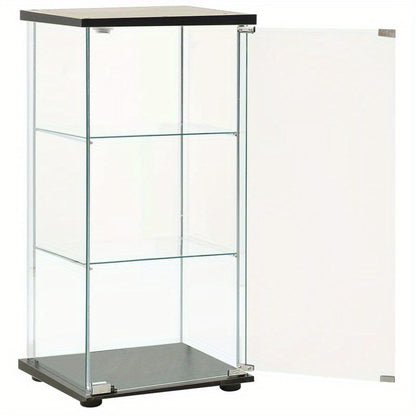 Modern Black Display Cabinet with Tempered Glass Panels - 3 Spacious Shelves for Office, Library, or Showroom Storage, Office Wall Decor