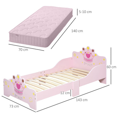 Kinderbed – Kinderbedje – Peuterbed – Juniorbed – Prinsessenbed – MDF Fineer – Inclusief Lattenbodem – Roze Met Kroontjesmotief