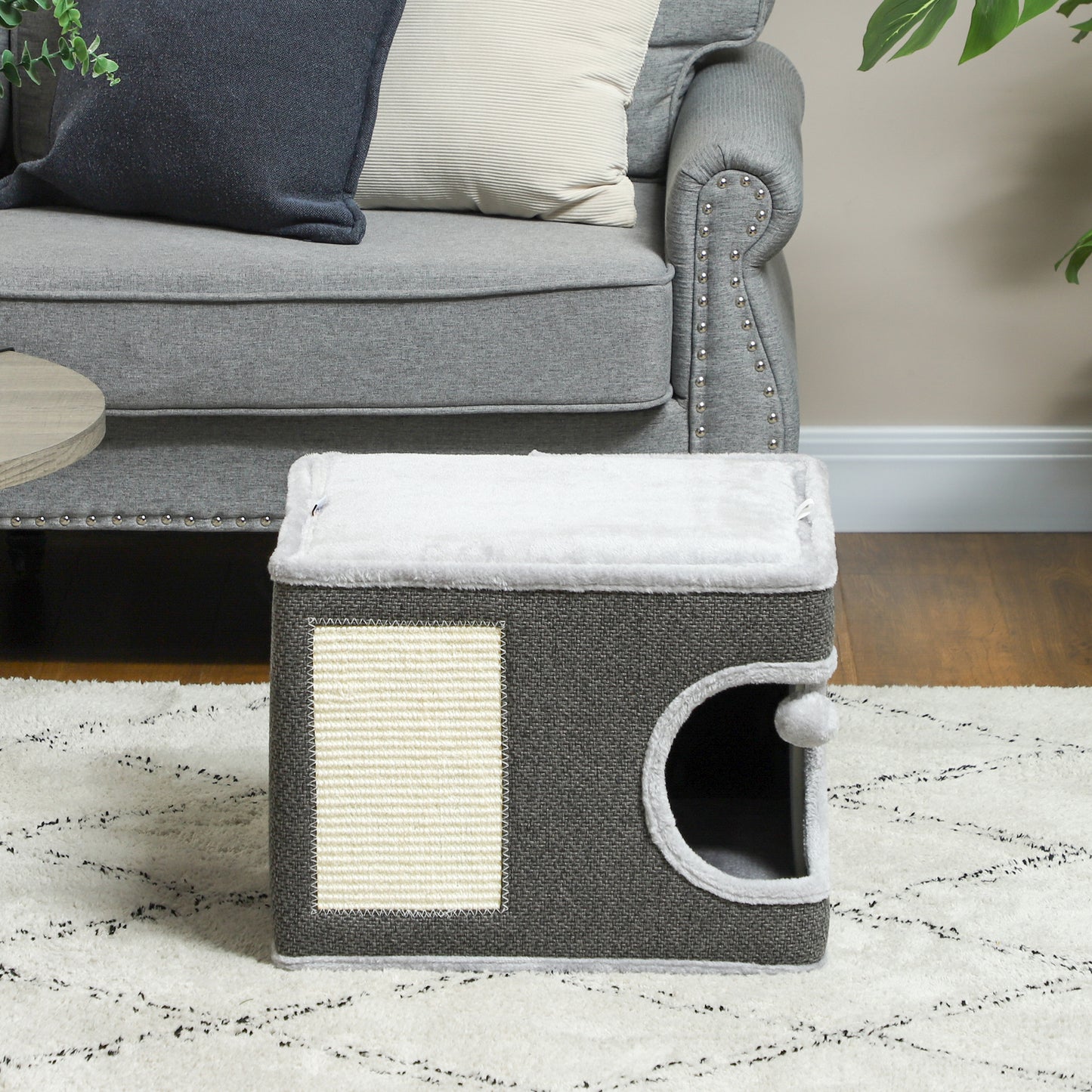 Krabton Kattenhuis Kattenkrabpaal Kattenmeubel Kattenhoek – Donkergrijs – Inclusief 2 Kussens – Sisal Krabvlak – Compact 45x45x35 cm – Pluche Zacht