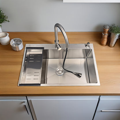 Large stainless steel sink with single basin in Silvery color, featuring a pull-out faucet and drain basket, measuring 80x50cm, complete with soap dispenser and drainage kit.