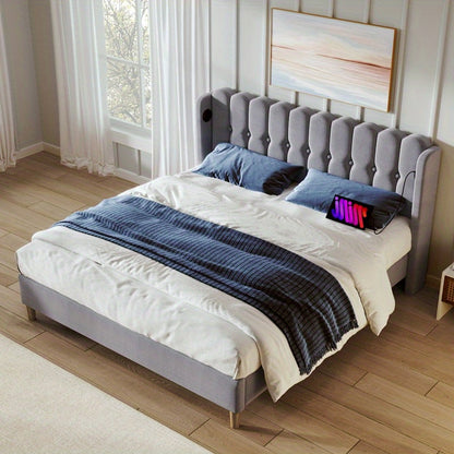Tweepersoons Bed – Stalen Bedframe – Stoffen Bed – Platformbed – Slaapbank – Vooraf Gemonteerd – 140x200 cm – Fluwelen Hoofdbord