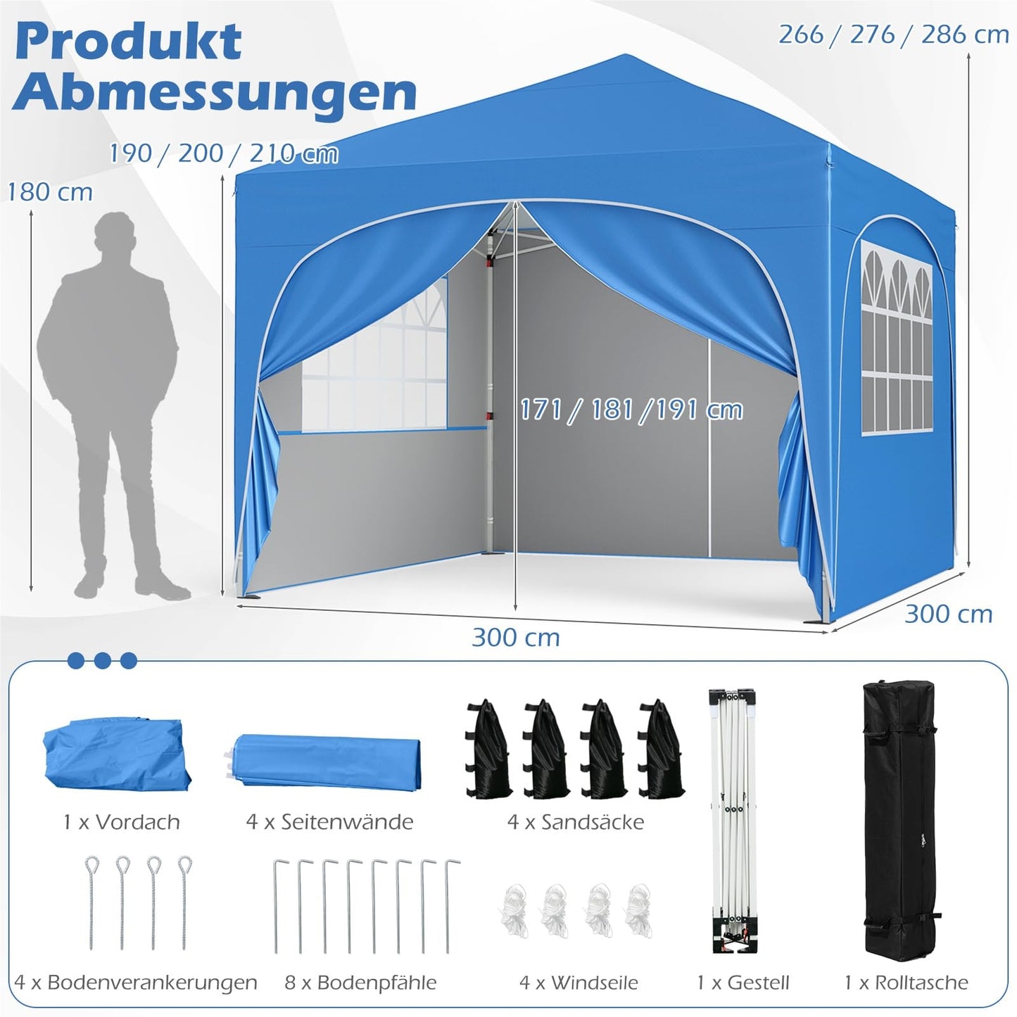Vouwpaviljoen – Tuinpaviljoen – Partytent – Terrasoverkapping – Zonnescherm – 3x3 m – 4 Afneembare Zijwanden – UV Bescherming 50+ – Inclusief Zandzakken en Draagtas – Blauw