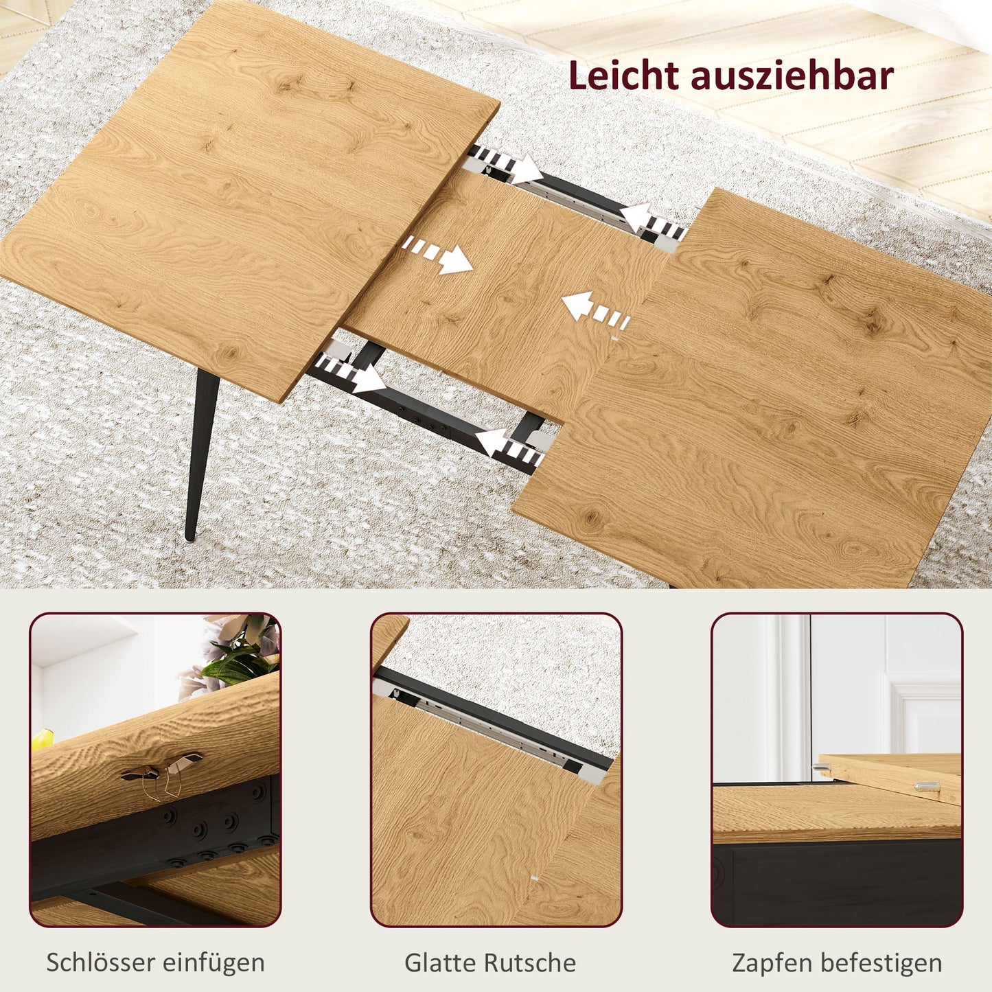 Uitschuifbare Eettafel – Uitbreidbare Tafel – Eetkamertafel – Keukentafel – Tafel voor 6-8 Personen – Natuurlijke Afwerking – Stabiele Stalen Poten