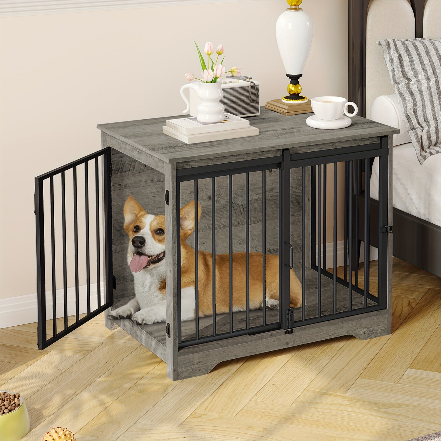 Houten Hondenbench – Hondenkooi – Hondenhok – Huisdier Bench – Hondenren – Lichtgrijs – 2 Deurs Schuifdeur – Geschikt Voor Kleine En Middelgrote Honden
