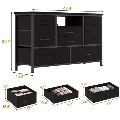 Ladekast – Ladenkast – Dressoir – Tv-meubel – 8 Lades Zwart Met Houtnerf – Geschikt Voor Tv Tot 139,7 Cm – MDF En Carbonstaal – Compact 120x37x75 Cm