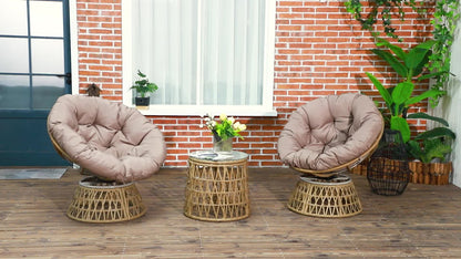 3-Delige Tuin Loungeset – Papasan Stoelen – Draaibare Tuinstoelen – Ronde Tafel – Buitenmeubel Set – Weerbestendig – Met 10 cm Dikke Kussens – Bruin Vlechtwerk