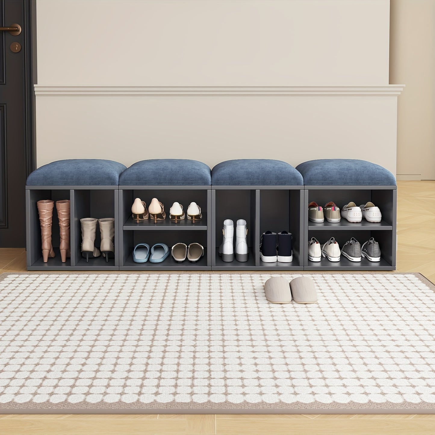 Schoenenbank – Schoenenkastje – Schoenenopberger – Schoenmeubel – Schoenenrek – Hout en Kunststof – Comfortabele Zitting – Compact & Ruimtebesparend - Grijsblauw