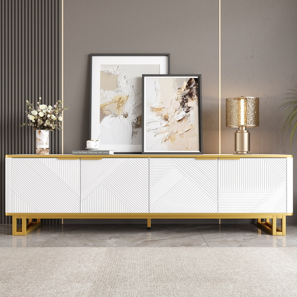 Four-door TV stand, TV mount, TV panel, low TV cabinet. Unique design, geometric texture. 160 x 37.5 x 48cm (Length x Width x Height)
