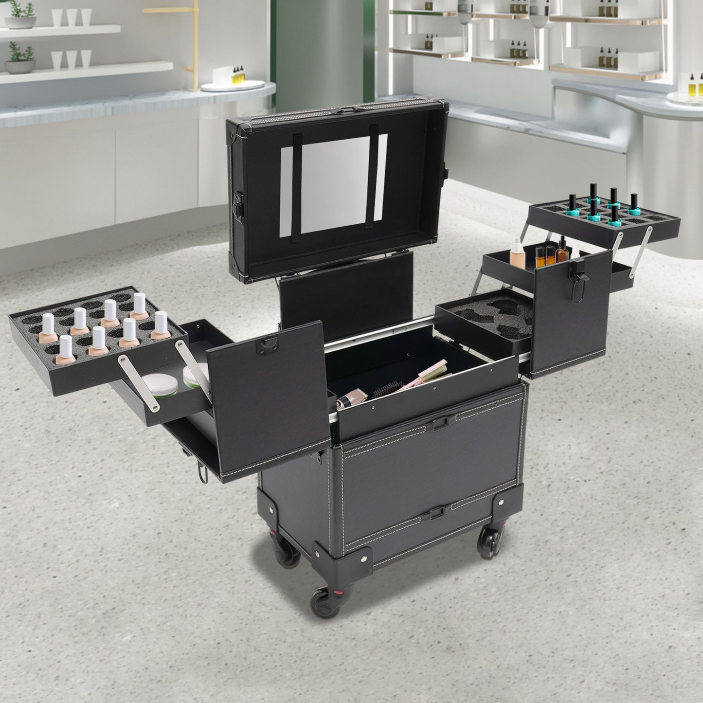 YIYIBYUS Professional Right-Angle Rolling Makeup Trolley - Durable PU Beauty Organizer with Multiple Compartments & Trays, Black Cosmetic Case for Makeup Artists, Nail Technicians, Hairdressers - Salon & Travel Use