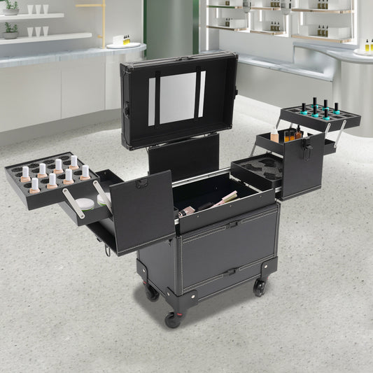 YIYIBYUS Professional Right-Angle Rolling Makeup Trolley - Durable PU Beauty Organizer with Multiple Compartments & Trays, Black Cosmetic Case for Makeup Artists, Nail Technicians, Hairdressers - Salon & Travel Use