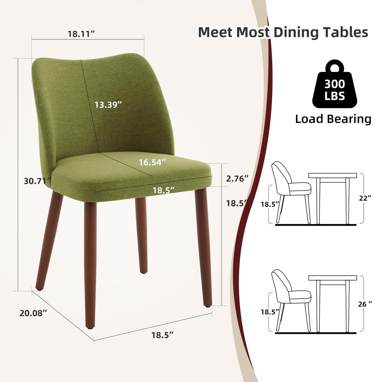 Eetkamerstoelen – Stoelen – Zithoeken – Dining Chairs – Armstoelen – Linnen Bekleding – Dikke Kussens – Houten Poten Met Verstelbare Voeten – Set Van 2 Groen