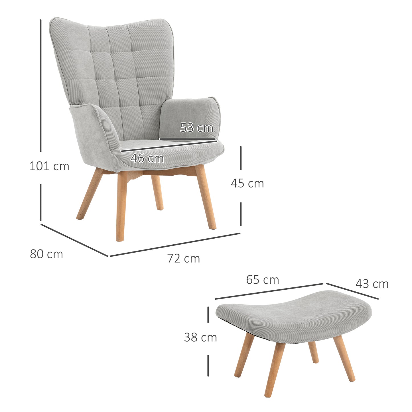 Accentstoel met Ottomaan – Relaxfauteuil – Zithoekstoel – Loungestoel – Fauteuil – Cord-Look Stof – Stevige Houten Poten – Grijs