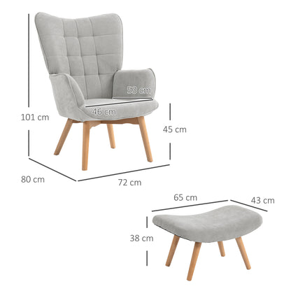 Accentstoel met Ottomaan – Relaxfauteuil – Zithoekstoel – Loungestoel – Fauteuil – Cord-Look Stof – Stevige Houten Poten – Grijs