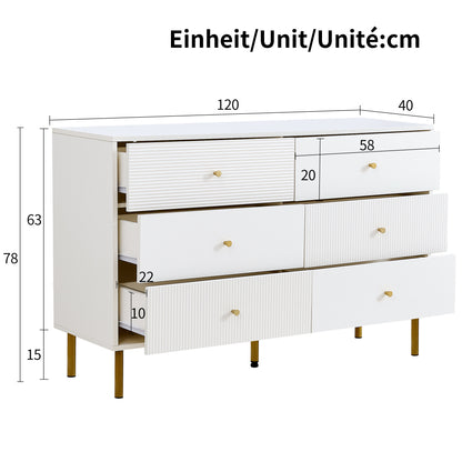 Ladekast – Ladenkast – Kommode – Opbergkast – Dressoir – Wit Met 6 Lades – Gouden Zinklegering Handgrepen – Steviele Stalen Poten – 120x40x78 cm – Modern Minimalistisch Design