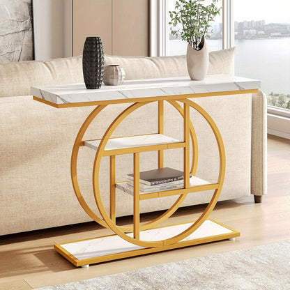 Moderne Sidetable – Console Tafel – Halmeubel – Sofa Tafel – Opbergmeubel – Wit en Gouden Afwerking – 4 Lagen – Stevige Houten Constructie