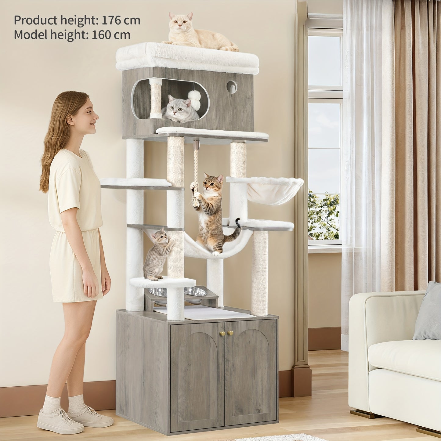 Krabpaal – Kattenboom – Kattenkrabpaal – Kattenmeubel – Kattentoren – Met Kattenbakruimte & Voerstation – 176 cm Hoog Met Sisal Krabpalen & Wasbare Hangmat