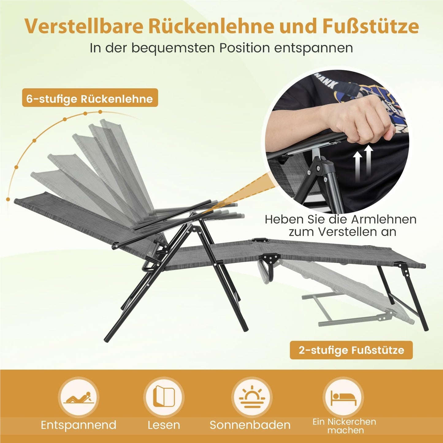 2-Persoons Loungebed – Ligbedden – Tuinstoelen – Lounge Stoelen – Zonnebedden – Verstelbare Rugleuning – Ademende Sneldrogende Stoffering – Grijs – Vouwbaar – Max. 150 kg Draagvermogen