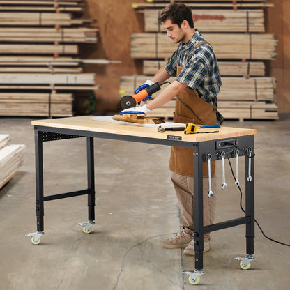 Werkbank – Werktafel – Werkbank Op Wielen – In Hoogte Verstelbaar – Klusbank – Massief Eiken Hout Werkblad – Ingebouwd Stopcontact Met USB-poorten