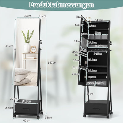 Sieradencabinet – Sieradenkast – Spiegelkast – Make-upkast – Opbergkast – Vrijstaand – Met Slot – Mobiel Met Wieltjes – Zwart – MDF Met Metaal – 42x38x157 cm