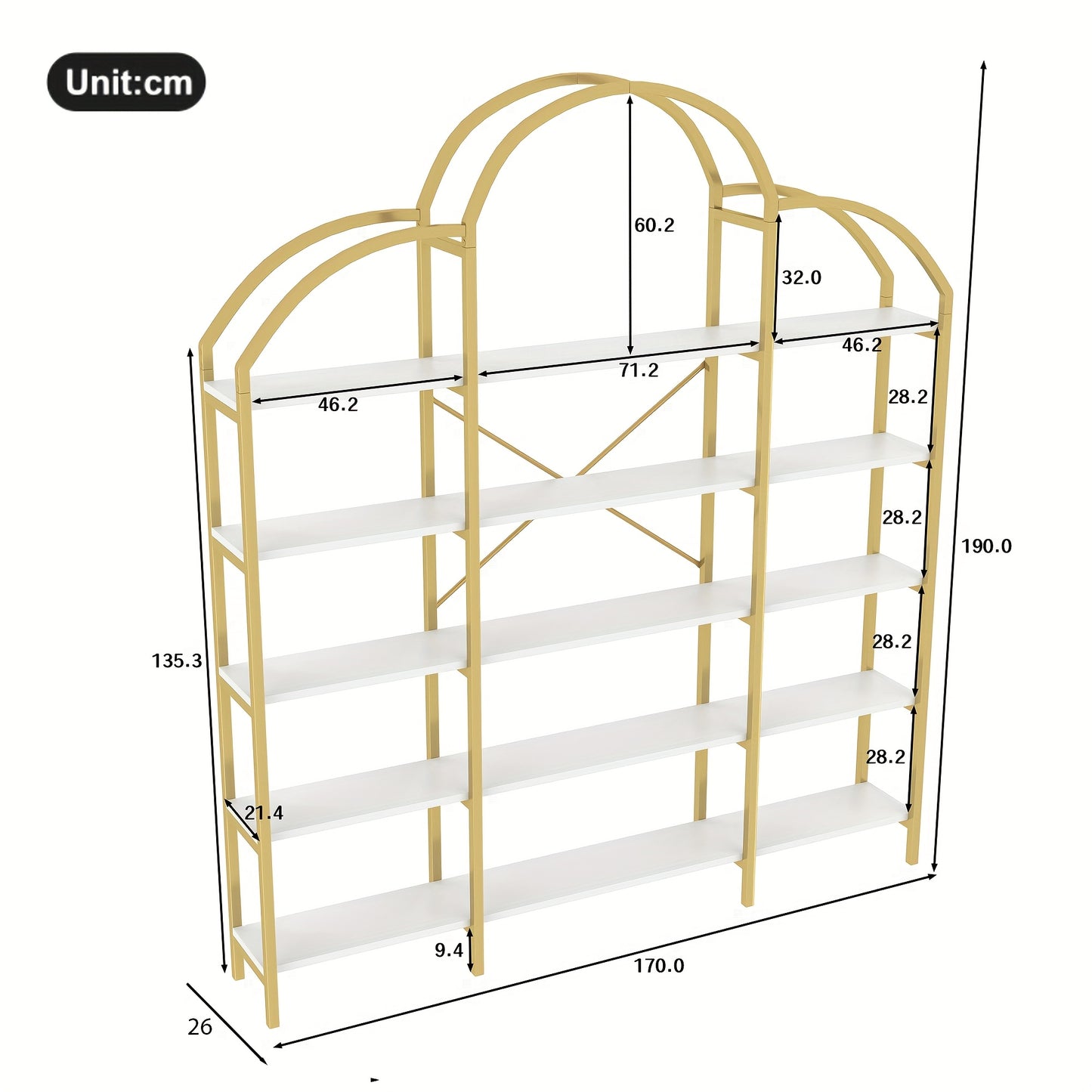 170 X 26 X 190cm Stylish Shelf, Tubular Steel MDF Material, Five Storage Levels, Unique Cloud Shape, Easy to Assemble And Clean, Golden + White, Standing Shelf