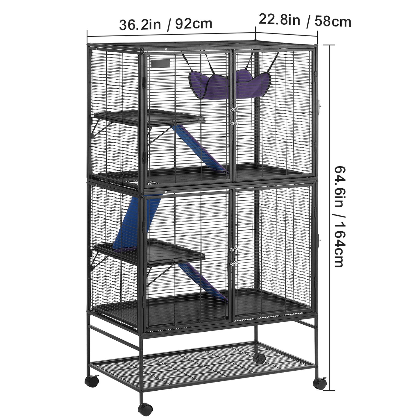 Dierenkooi Voor Kleine Huisdieren – Frettenkooi – Knaagdierkooi – Chinchillakooi – Caviakooi – Ruim 92x58x164 cm – Met 4 Platforms En Mobiele Wielen
