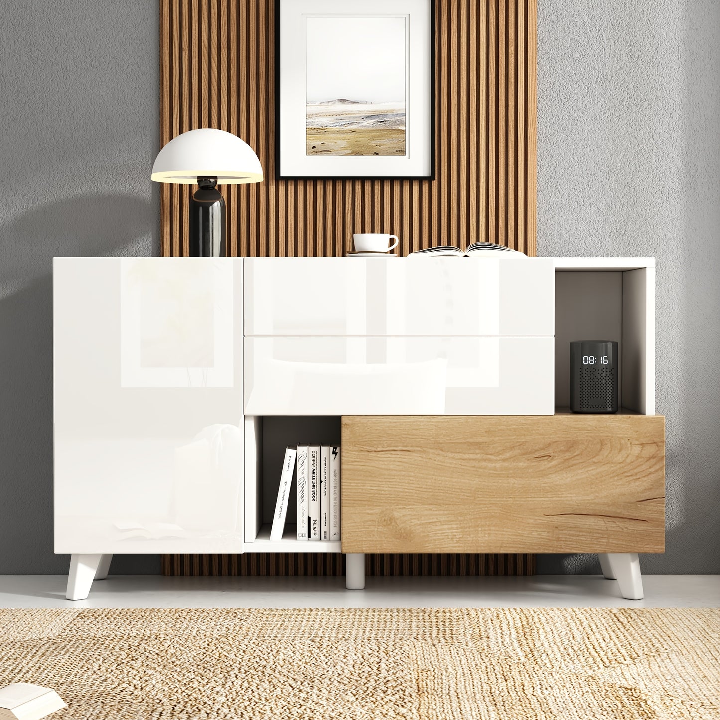 Opberkkast – Bergkast – Kast – Dressoir – Wit en Khaki – Bamboe Materiaal – Geen Montage Nodig