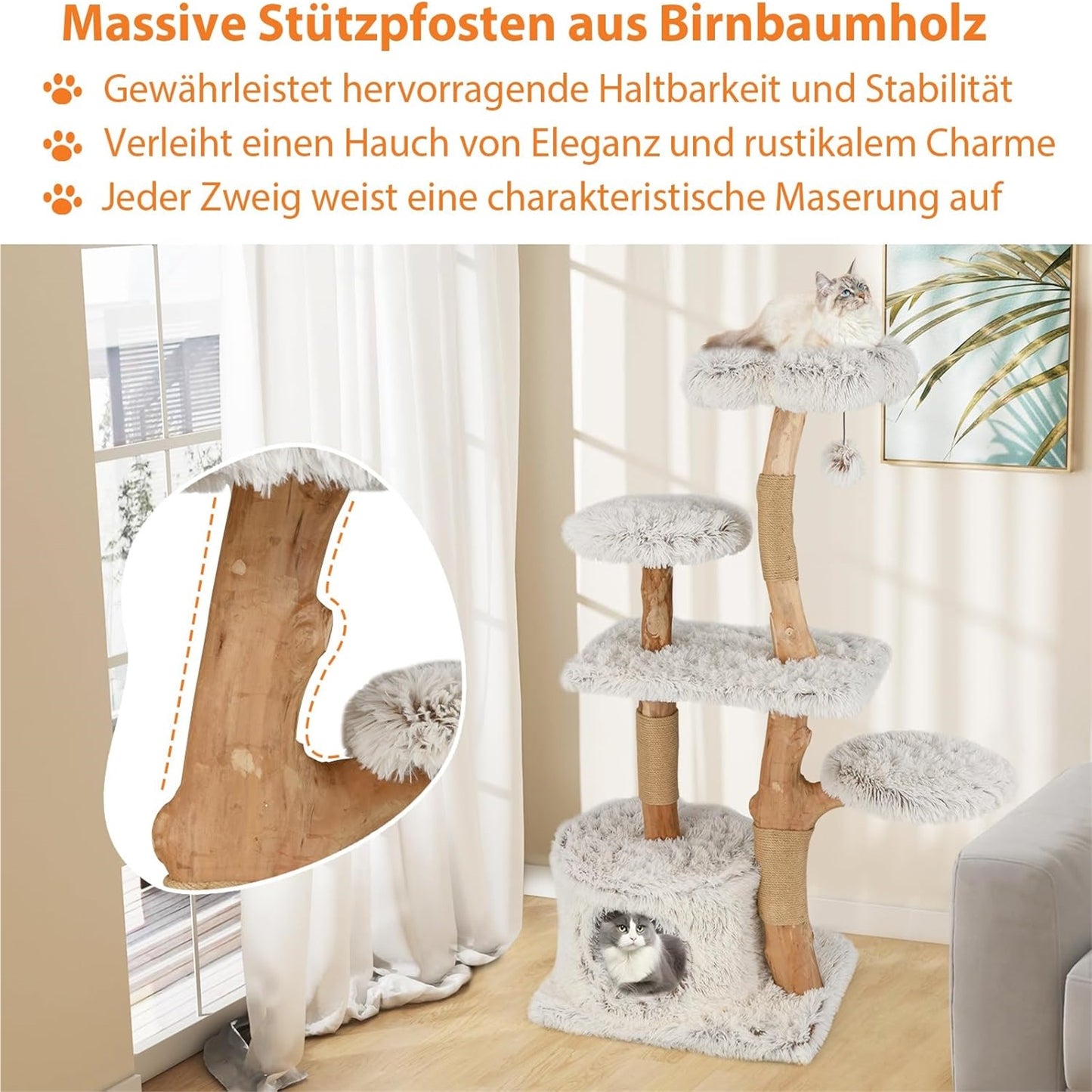 Krabpaal Kat – Krabboom Katten – Kattenmeubel – Klimpaal Kat – Kattenboom – 135 cm Hoog – Massief Houten Frame Met Jute Krabposts – Zacht Plush Zitgedeelte Wit